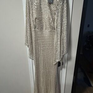 Elegant champagne and silver Sequin Gown w cape sleeve, fill zip back. NWT XL